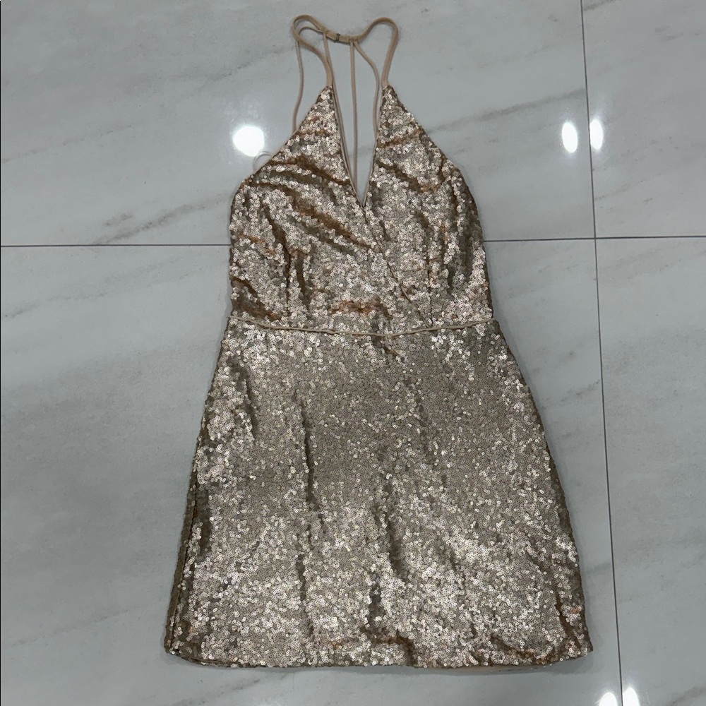 Gold Sequin Mini Dress with Spaghetti Straps
